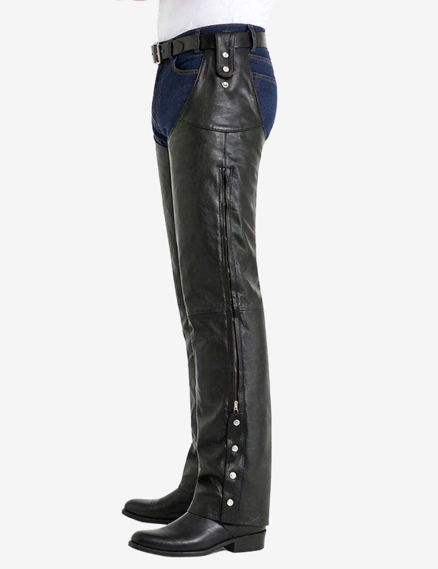 Side view of mens motorcycle chaps with detachable belt highlighting long zipper legs and snap-button closures.