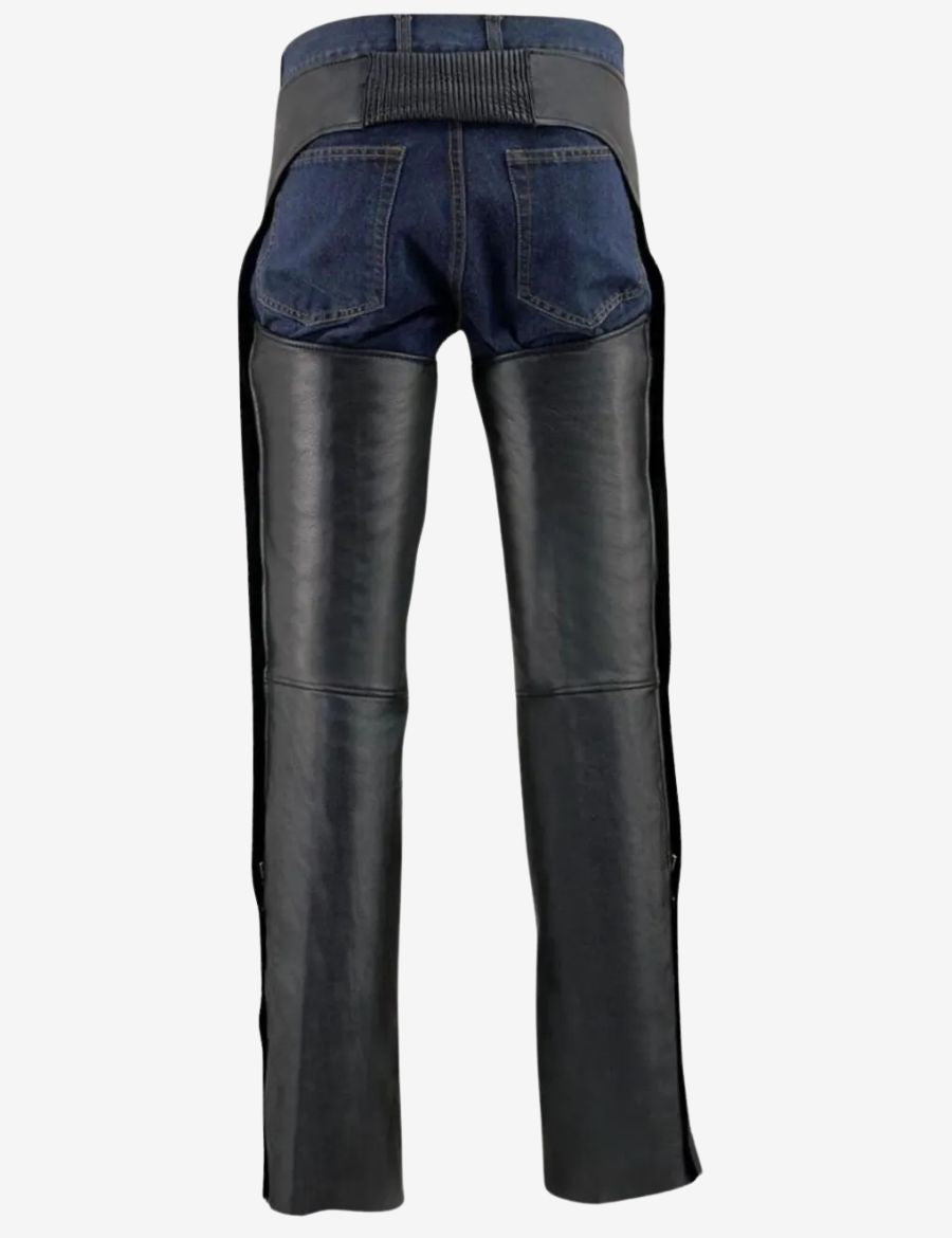 Back view of mens road rider leather motorcycle chaps featuring open rear biker design and smooth leather finish.