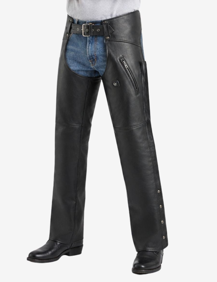 Front angled view of mens road rider leather motorcycle chaps in black leather with snap leg openings and utility zipper pocket.