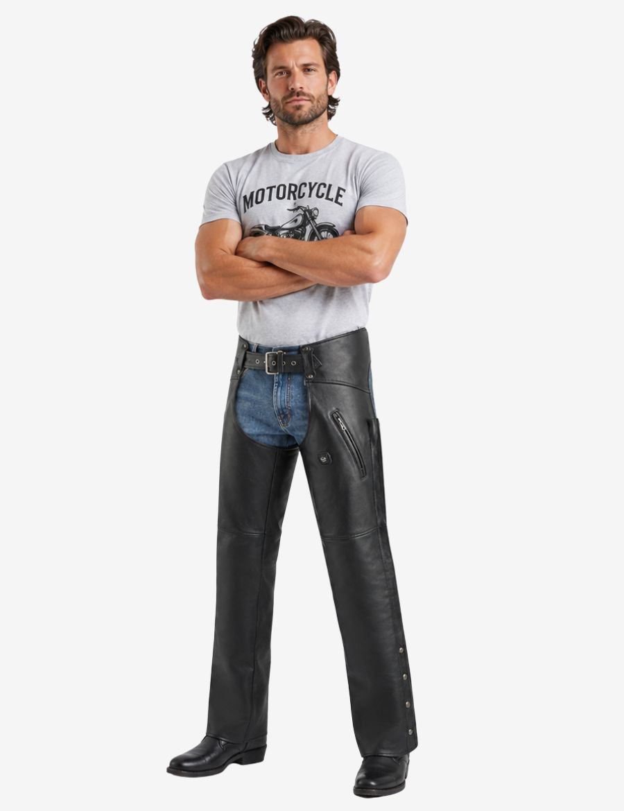 Full model wearing mens road rider leather motorcycle chaps with side zipper pocket and classic biker fit.