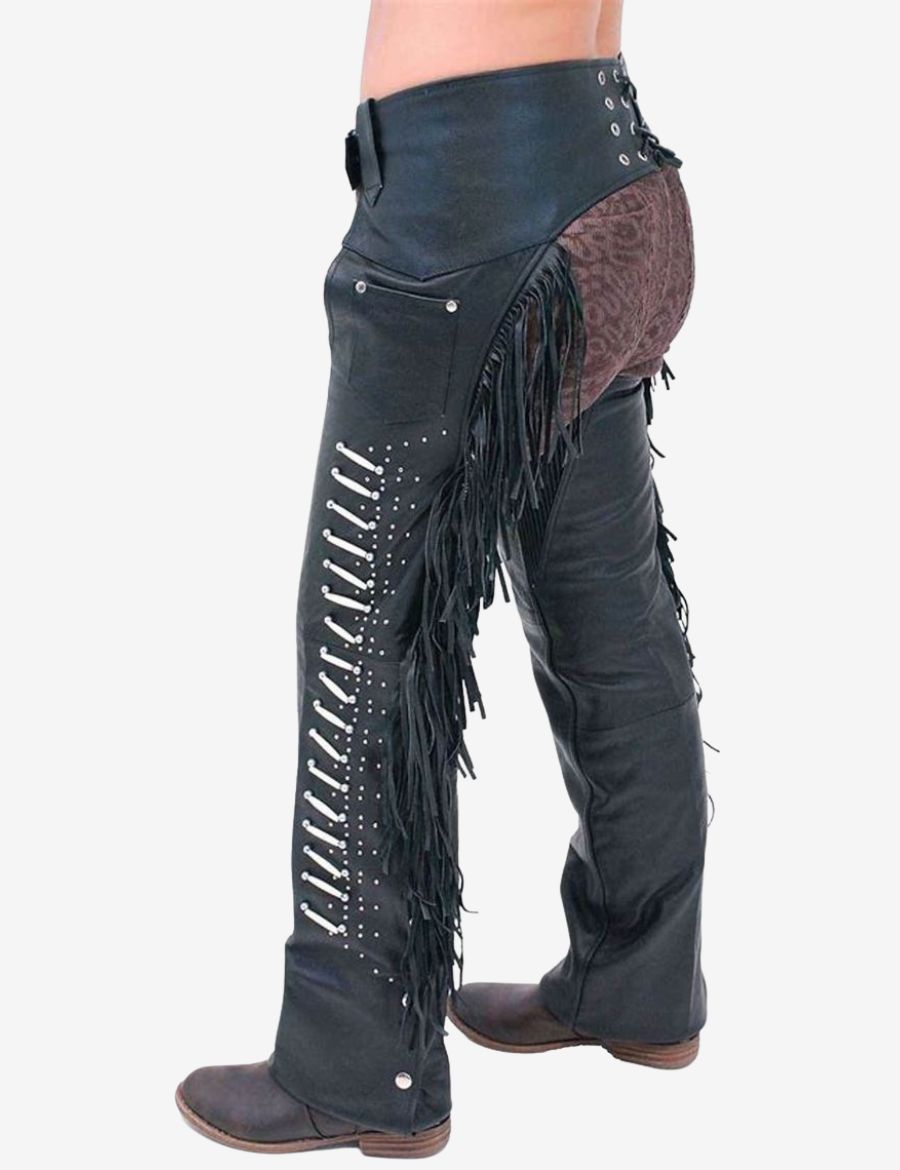 Angled back view of mens royal blue top grain leather fringe chaps with long western fringe detailing.