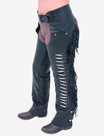 Angled front view of mens royal blue top grain leather fringe chaps with western biker styling.