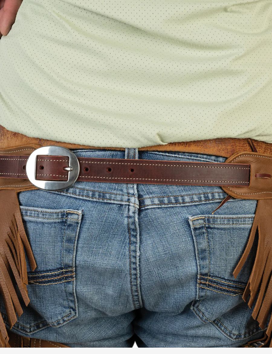 Back belt detail of mens saddle brown leather western chaps with durable buckle strap and fringe accents.