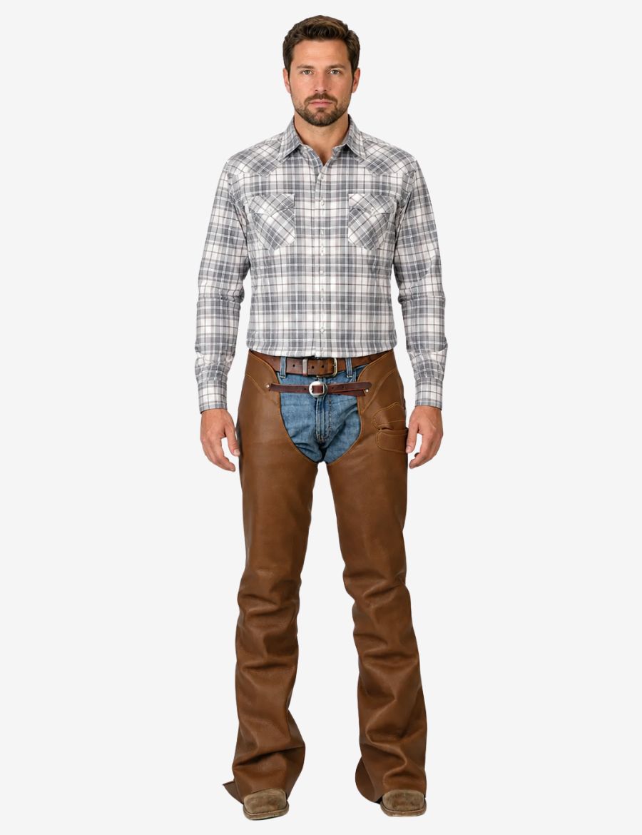 Lower front view of mens saddle brown leather western chaps with smooth leather finish and classic western fit.