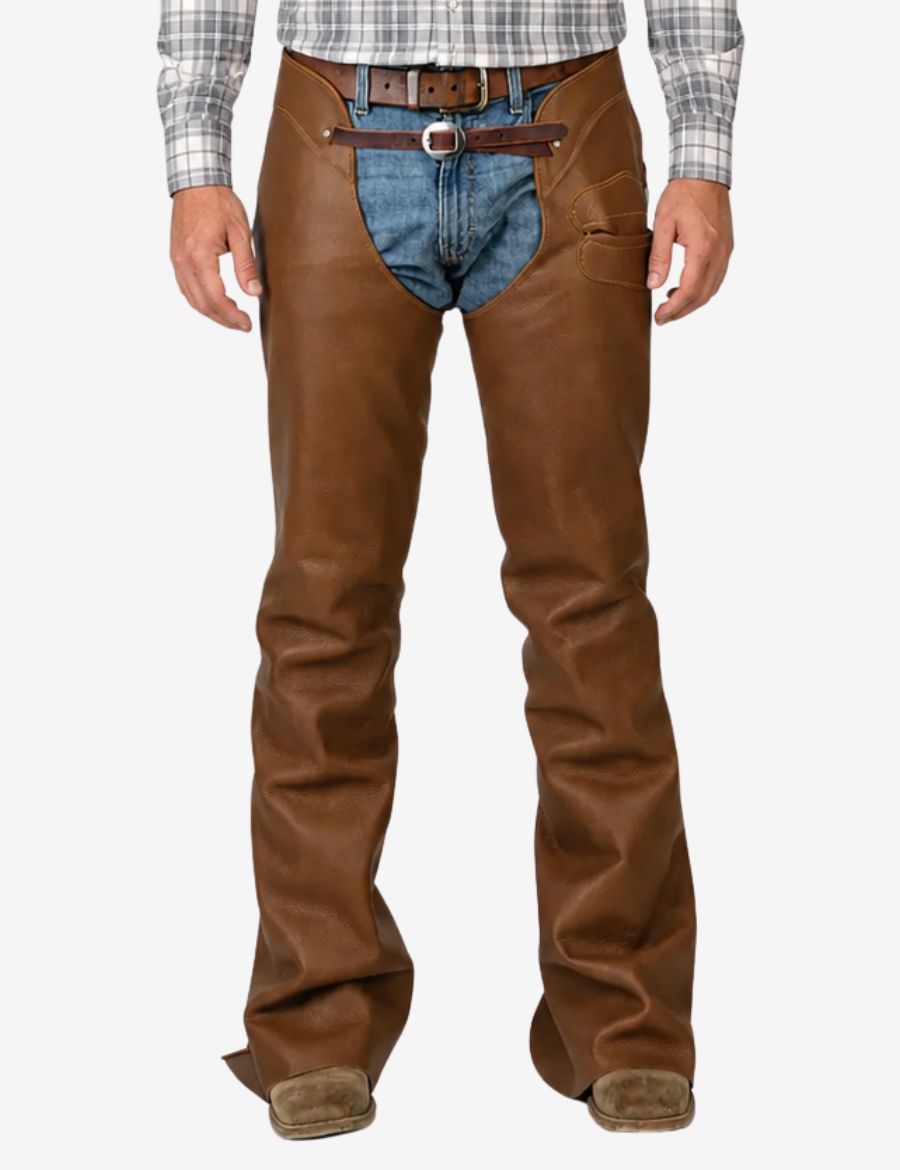 Lower front view of mens saddle brown leather western chaps with smooth leather finish and classic western fit.
