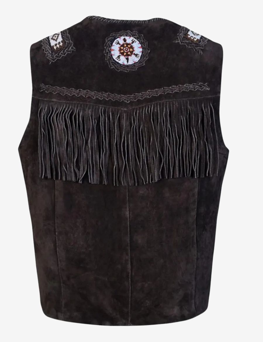 Front view of mens suede chocolate brown western vest featuring premium suede leather, decorative beadwork accents, fringe-trimmed pockets, snap-button closure, and authentic western styling.