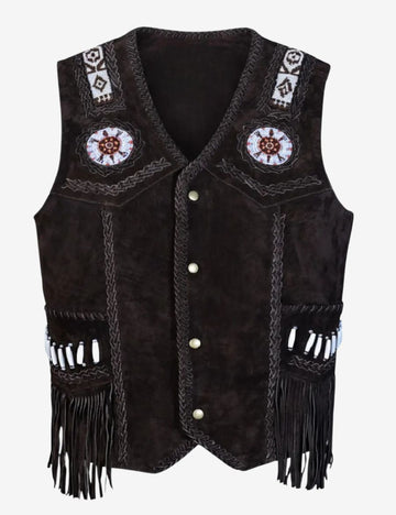 Front view of mens suede chocolate brown western vest featuring premium suede leather, decorative beadwork accents, fringe-trimmed pockets, snap-button closure, and authentic western styling.