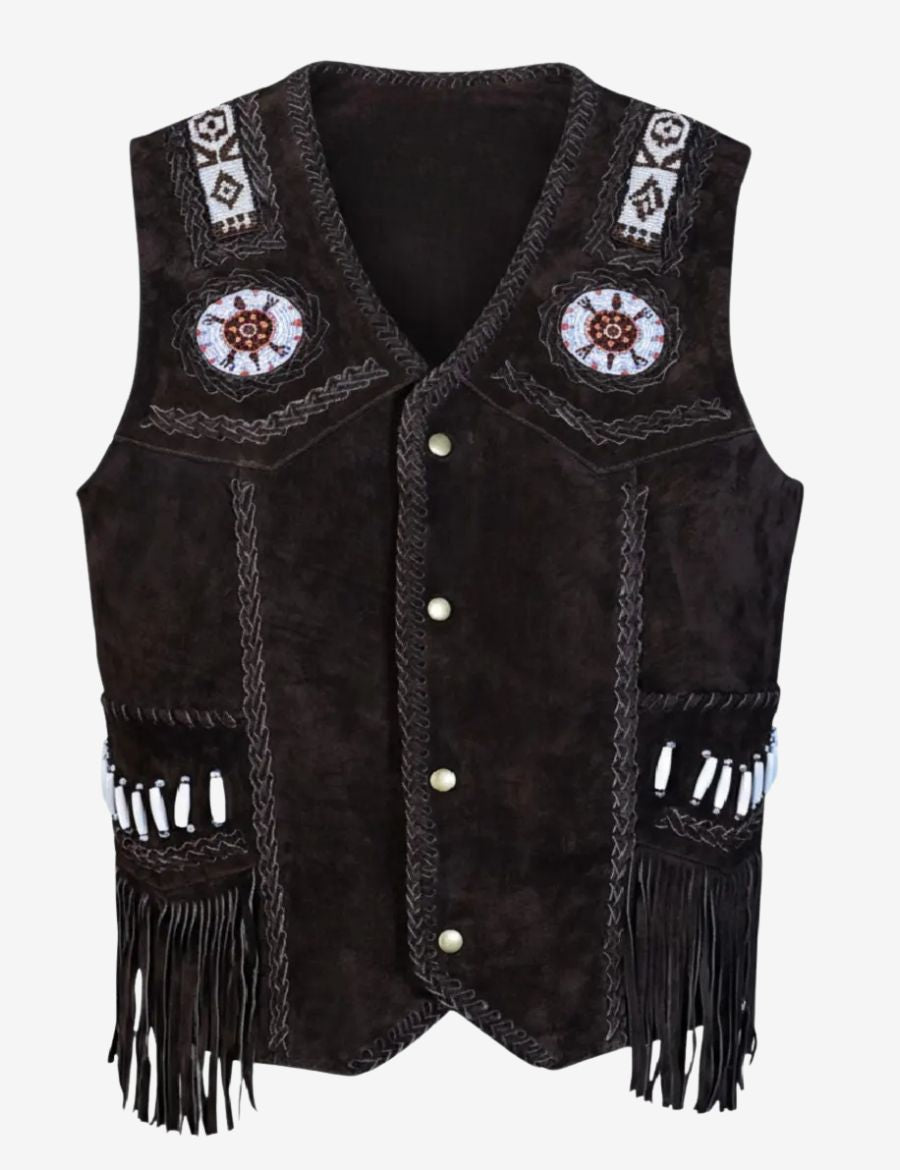 Front view of mens suede chocolate brown western vest featuring premium suede leather, decorative beadwork accents, fringe-trimmed pockets, snap-button closure, and authentic western styling.