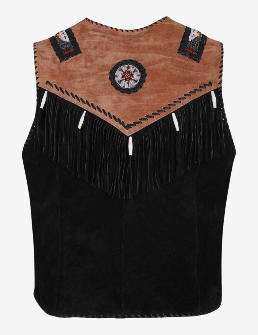 Back view of mens suede leather western vest showcasing authentic western craftsmanship, premium suede texture, detailed embellishments, and a rugged frontier-inspired design.