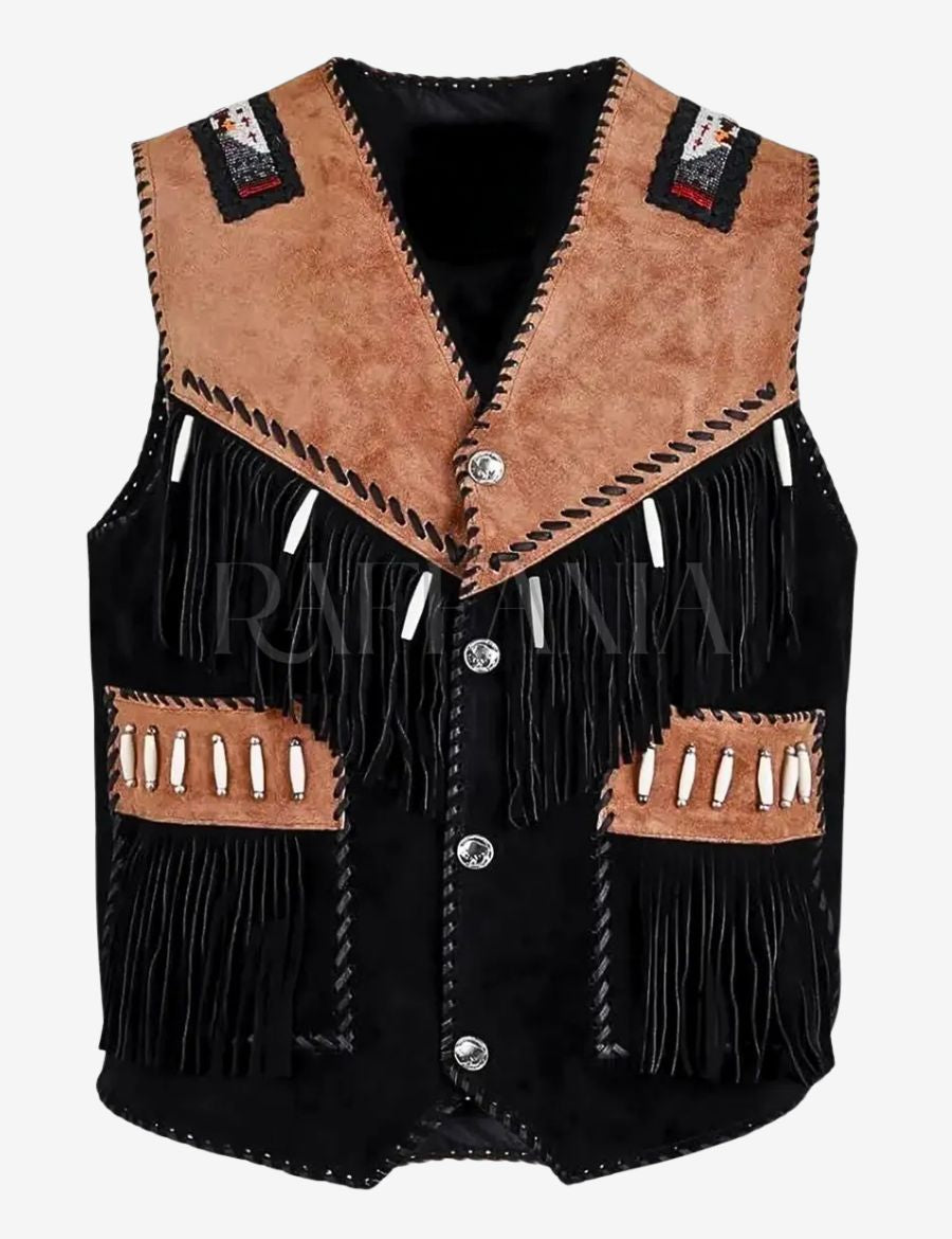 Front view of mens suede leather western vest featuring a classic western silhouette, premium suede construction, decorative accents, and timeless cowboy-inspired styling.
