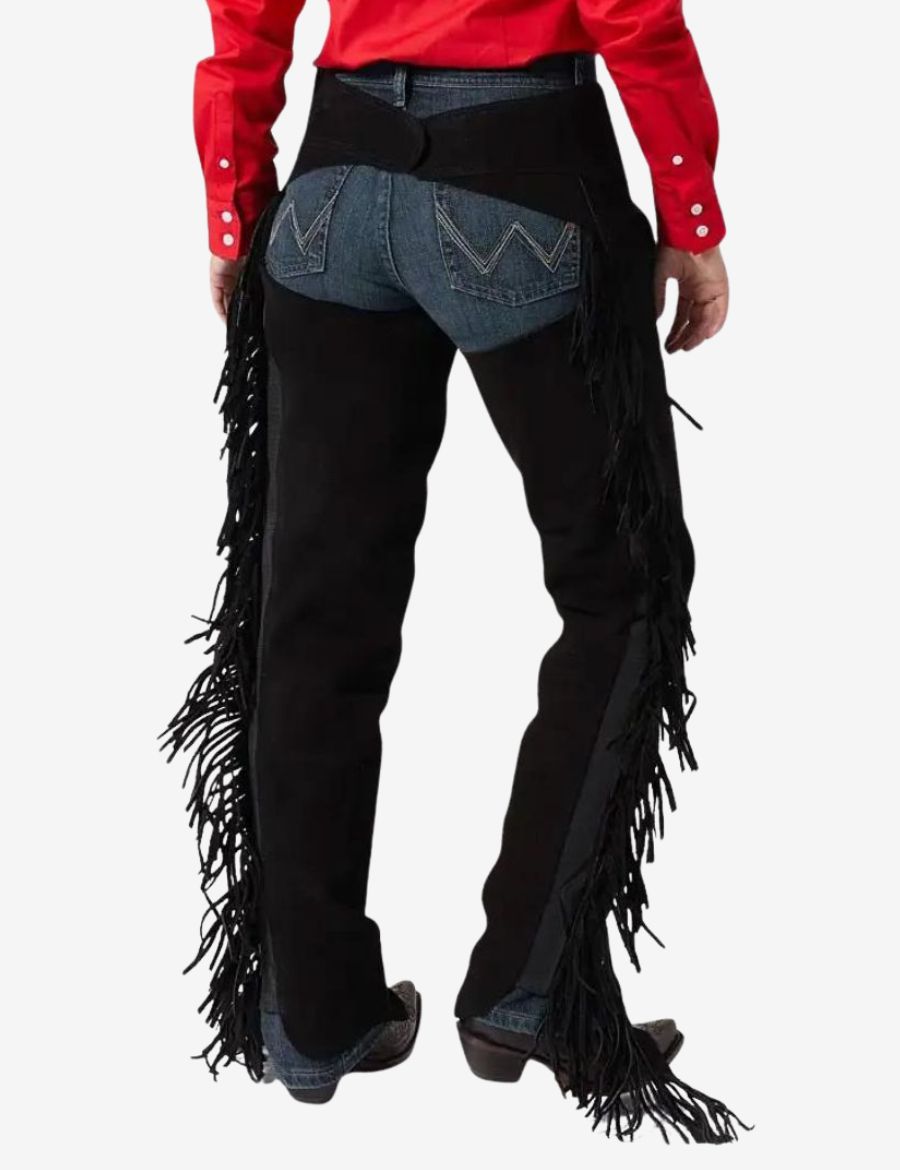 Back view of mens western black fringe chaps featuring open-seat western design and long leather fringe details.