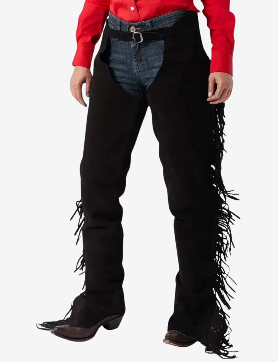 Front view of mens western black fringe chaps with long side tassels and classic cowboy riding style.