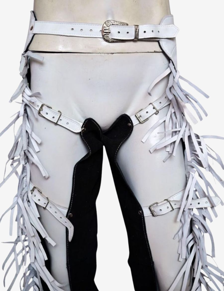 Back view of mens western black and white fringe chaps featuring adjustable straps and long leather tassels.