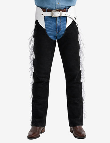Close-up of black and white western fringe chaps featuring decorative buckle belt and leather tassels.