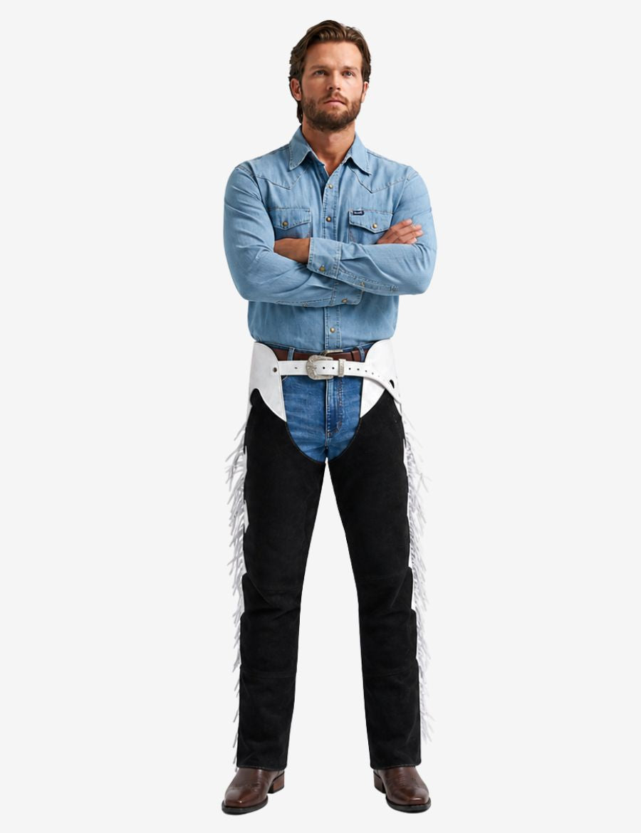 Front view of mens western black and white fringe chaps with contrasting leather panels and cowboy style.