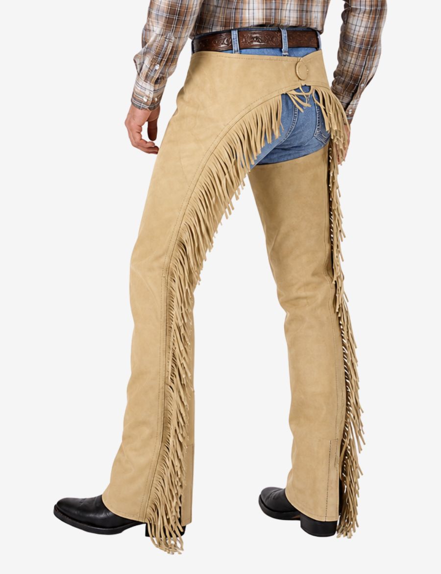 Back view of mens beige suede western riding chaps featuring classic fringe and cowboy styling.