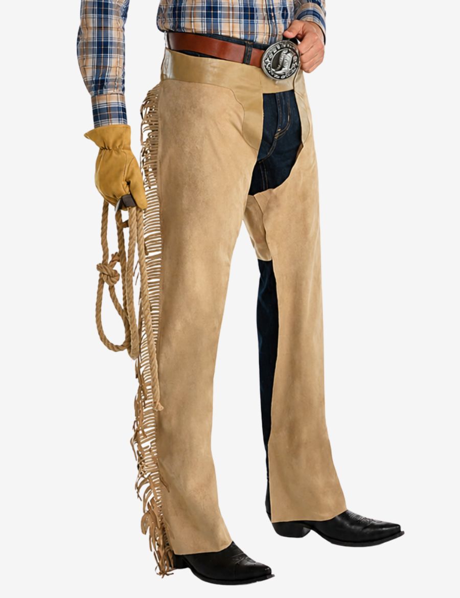 Front view of mens western riding chaps in beige suede with long leather fringe detailing.