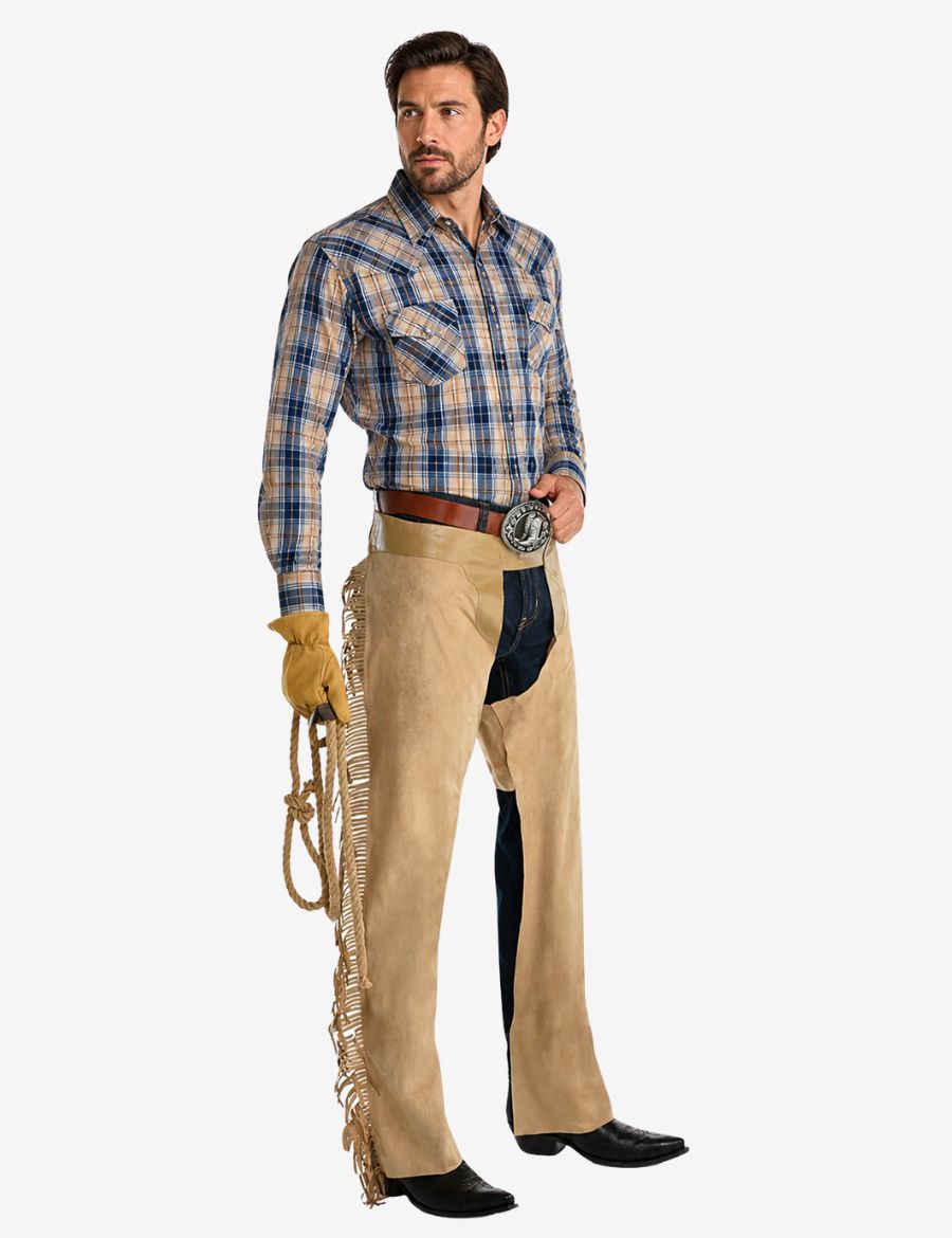 Front view of mens western riding chaps in beige suede with long leather fringe detailing.