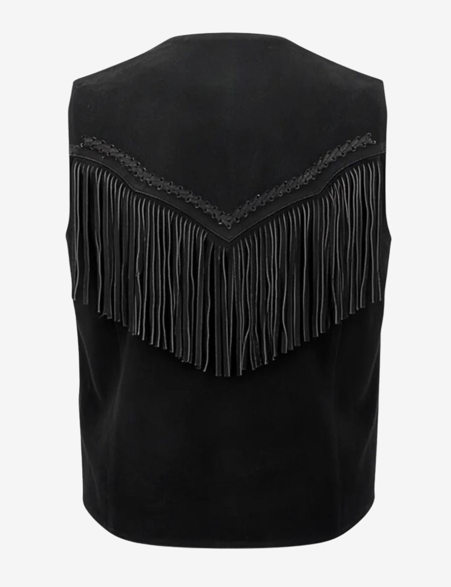 Front view of mens western vest with fringe featuring premium leather construction, decorative whipstitch detailing, snap-button closure, and classic cowboy-inspired fringe accents.