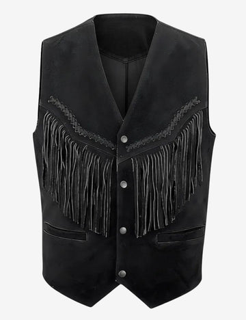 Front view of mens western vest with fringe featuring premium leather construction, decorative whipstitch detailing, snap-button closure, and classic cowboy-inspired fringe accents.