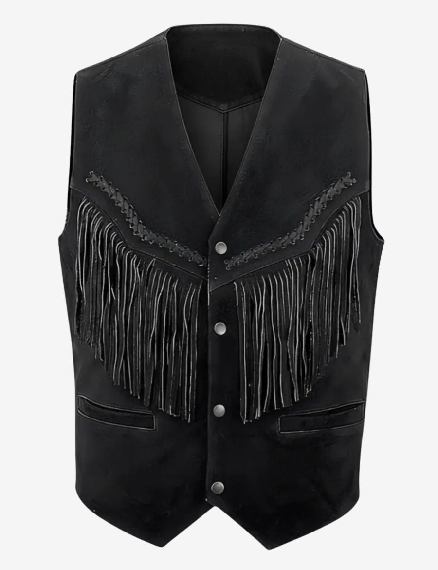 Front view of mens western vest with fringe featuring premium leather construction, decorative whipstitch detailing, snap-button closure, and classic cowboy-inspired fringe accents.