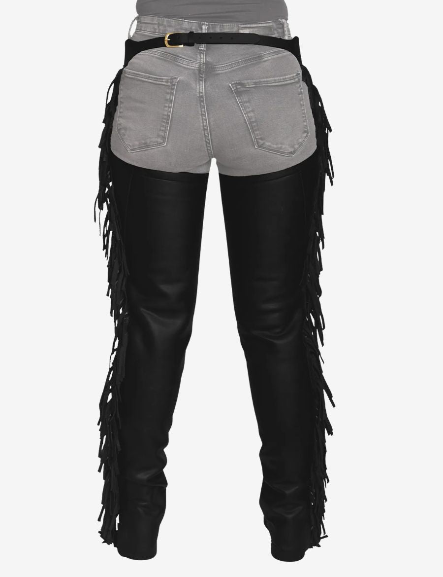 Back view of black western leather chaps featuring long side fringe details.
