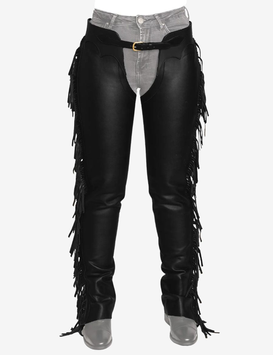 Front view of black leather chaps with long fringe and adjustable waist belt.