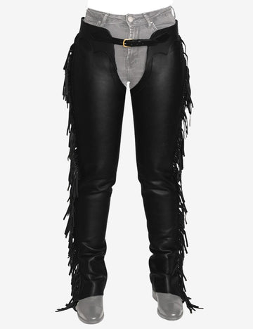 Front view of black leather chaps with long fringe and adjustable waist belt.
