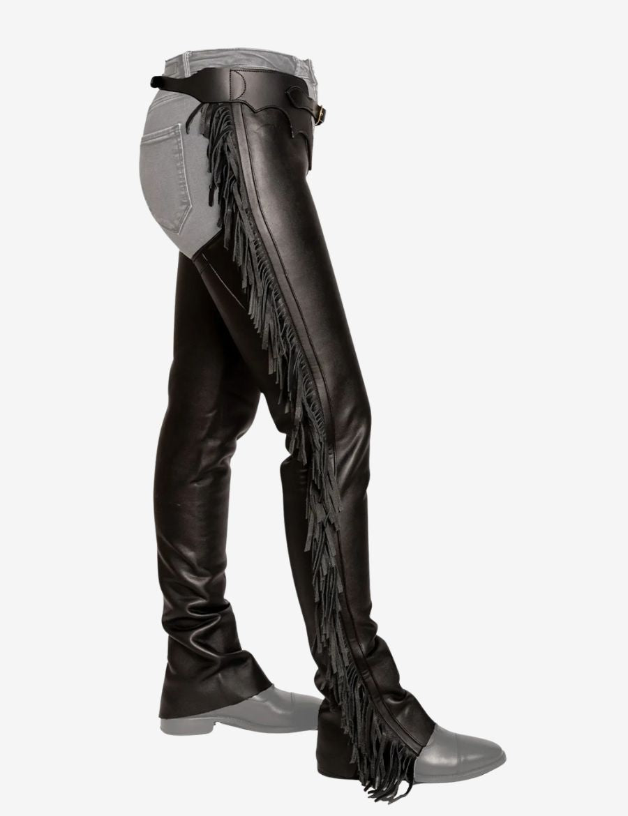 Side profile of black cowboy fringe chaps with slim fit western leather design.