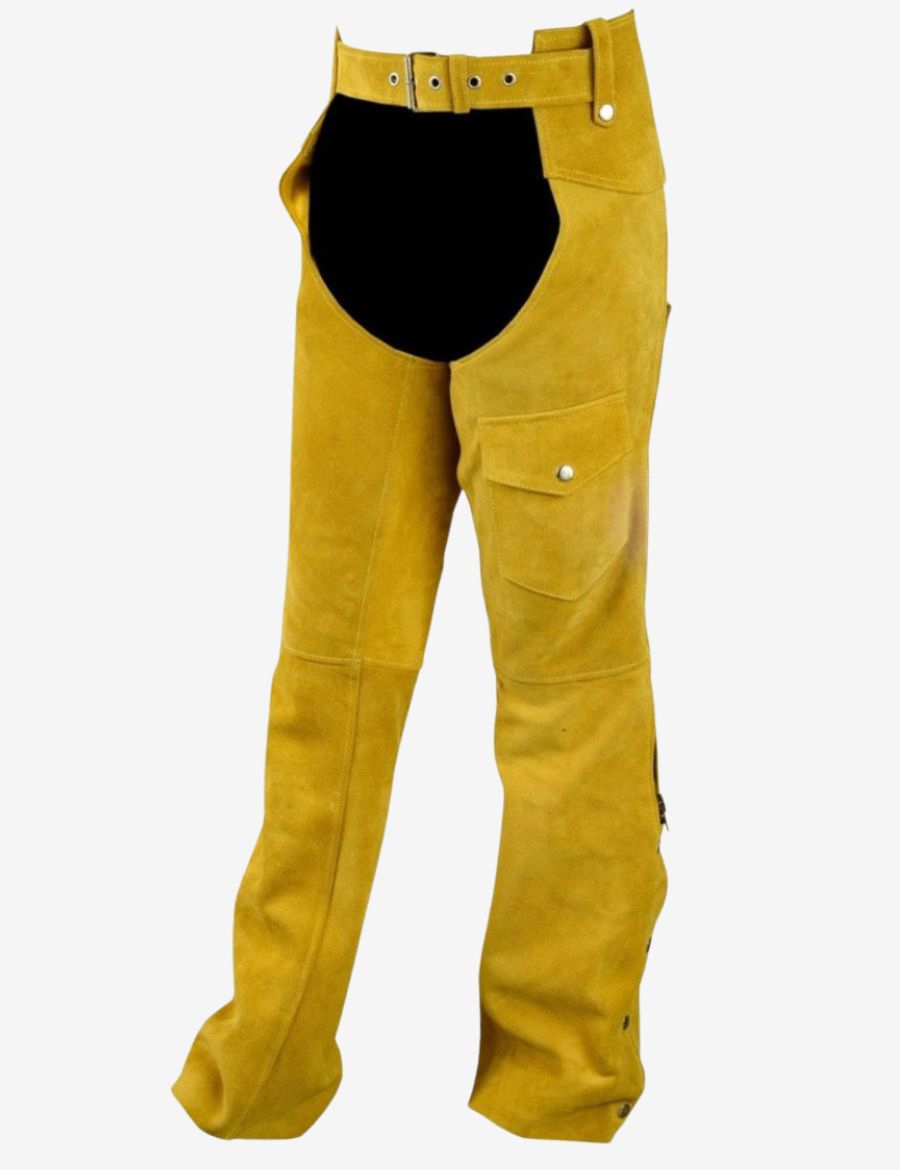 Close front angle of mustard suede western chaps for women with belt closure and functional side pocket.