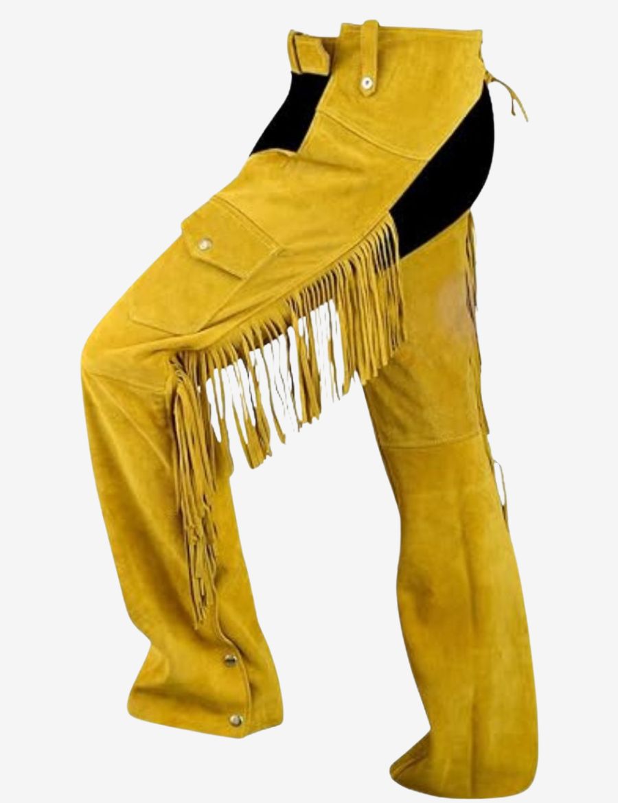 Side hanging view of mustard leather western chaps for women featuring long fringe and snap leg closures.