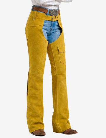 mustard women western chaps with fringe detailing and utility pocket design.
