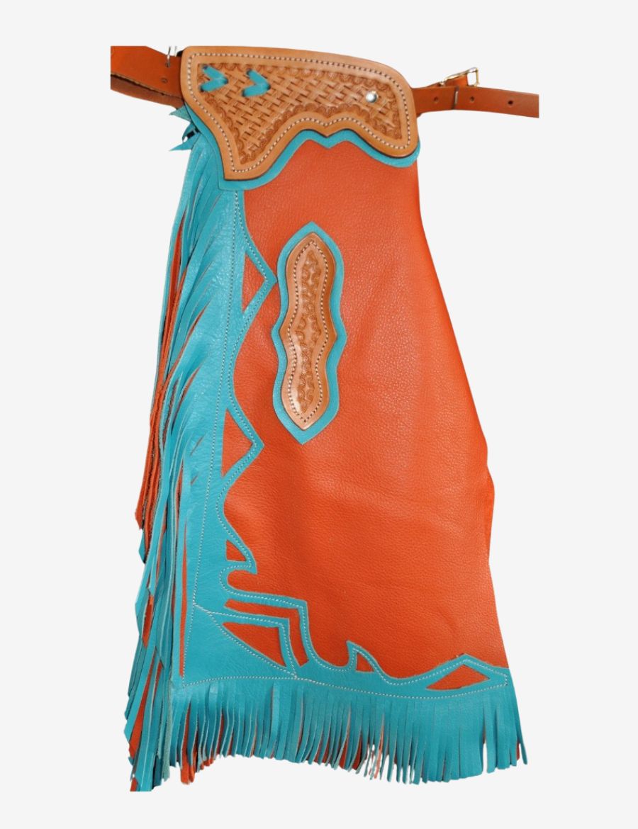 Orange leather bull riding chaps with turquoise trim, basket tooled yoke, and long western fringe.