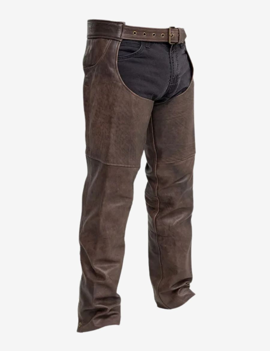 Front angled view of outlaw brown motorcycle chaps for men with vintage leather finish and classic open-seat design.