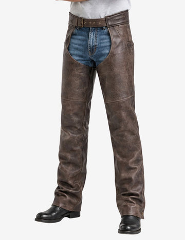 Close-up front view of outlaw brown motorcycle chaps for men featuring distressed leather texture and relaxed biker fit.
