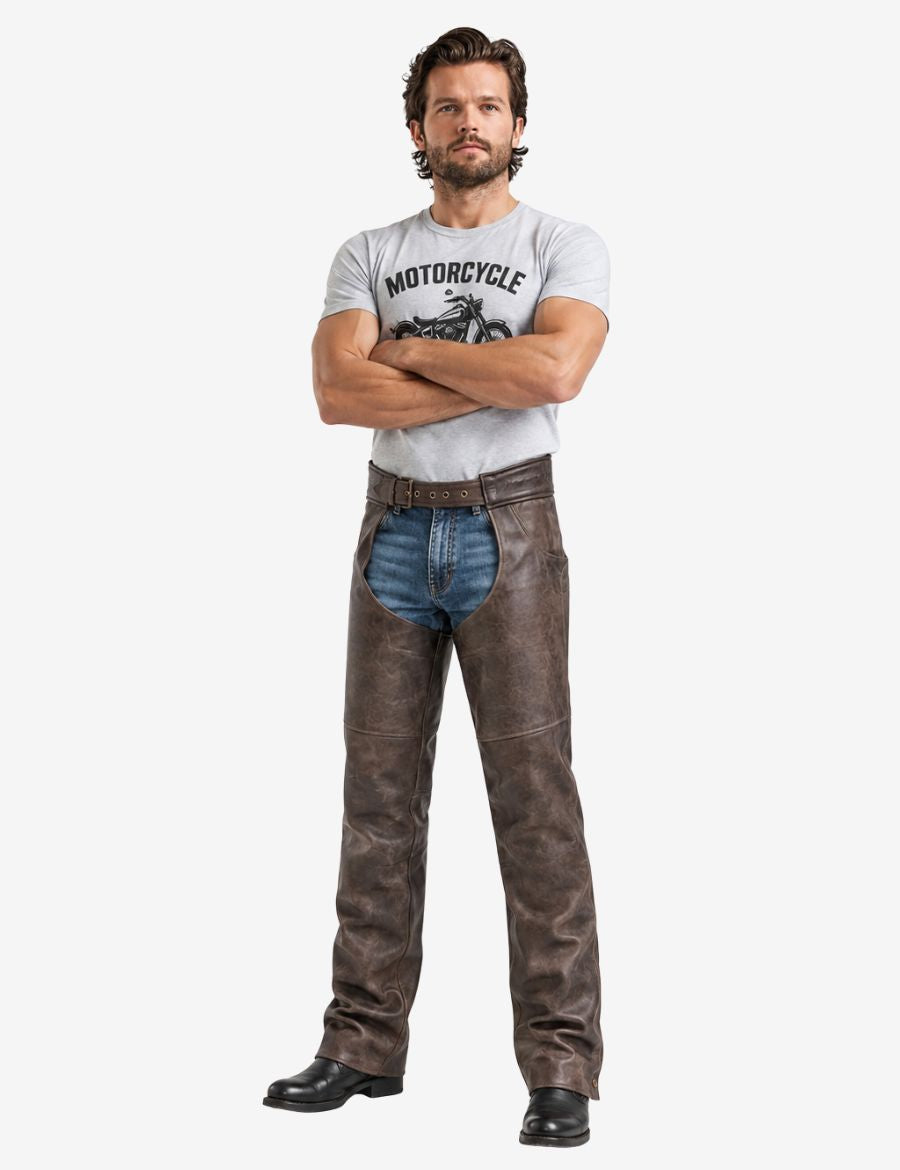 Full model wearing outlaw brown motorcycle chaps for men in distressed brown leather with rugged biker styling.