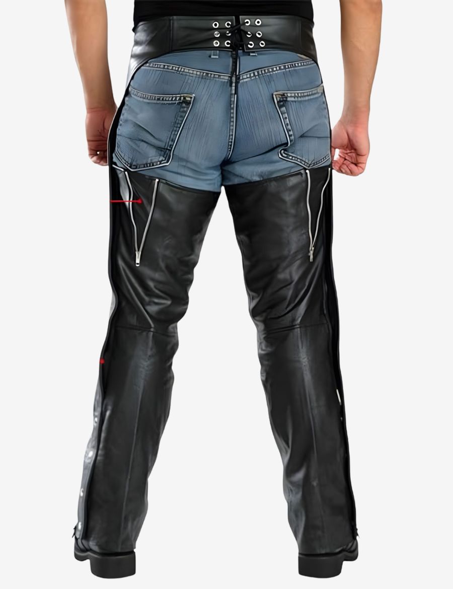 Back view of Phantom Rider premium motorcycle chaps with lace-up rear fit and open-back design.