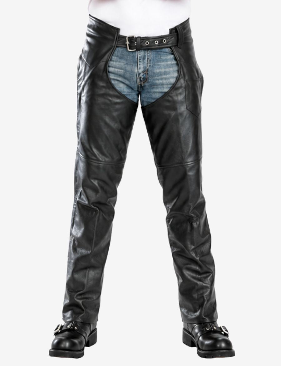 Front view of Phantom Rider premium motorcycle chaps with smooth black leather and buckle waist.