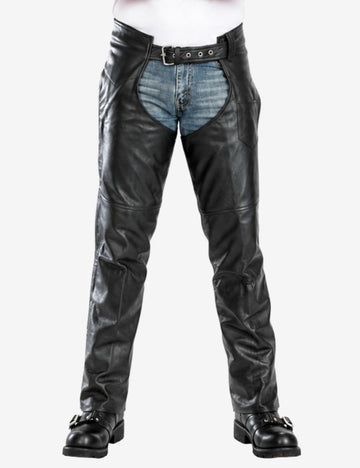 Front view of Phantom Rider premium motorcycle chaps with smooth black leather and buckle waist.