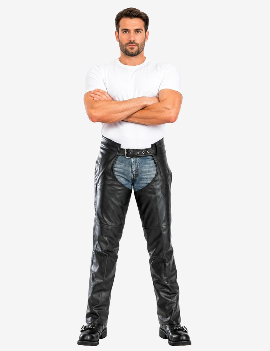 Male model wearing Phantom Rider premium motorcycle chaps with black leather biker riding style.