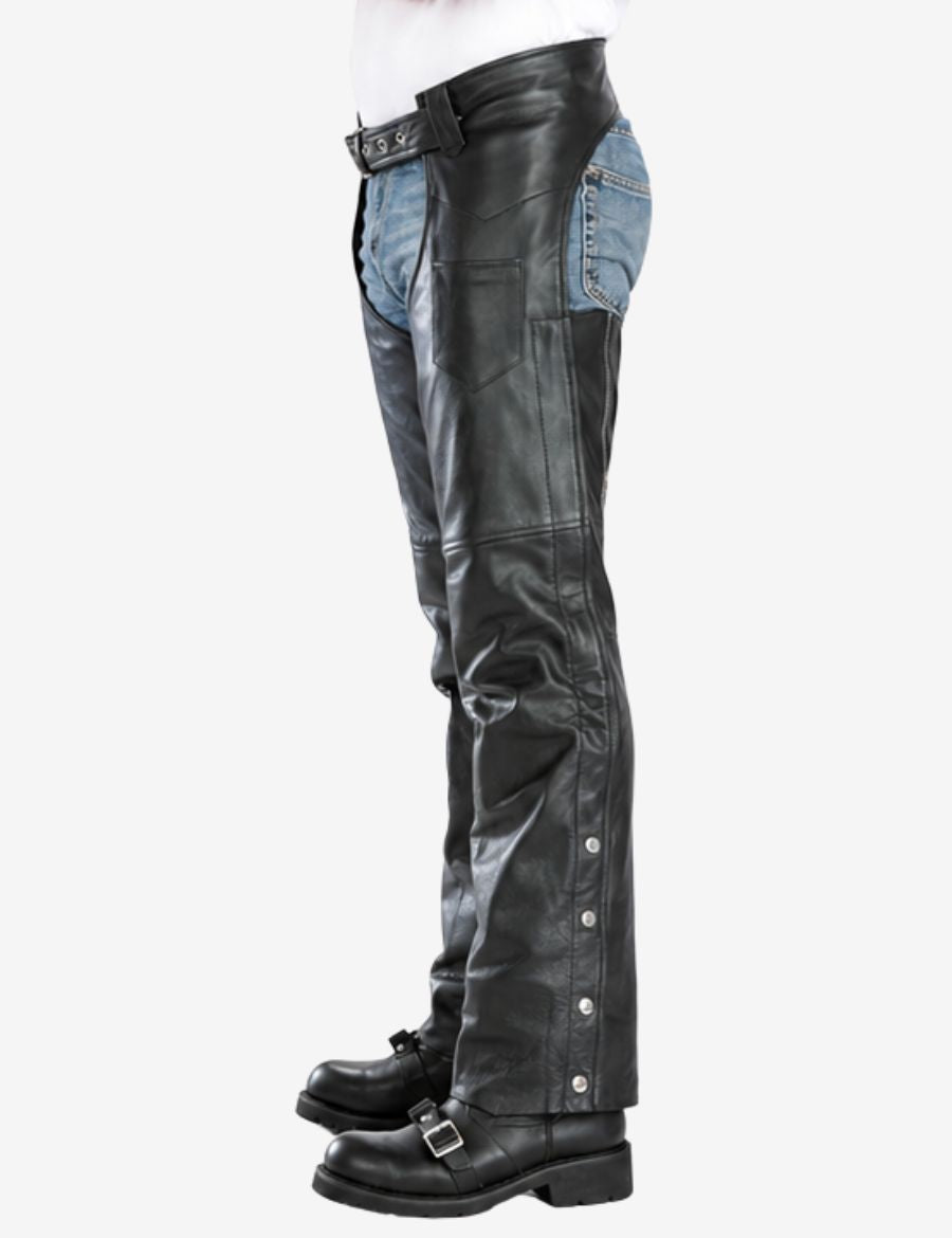 Side view of Phantom Rider premium motorcycle chaps with snap leg closures and leather finish.