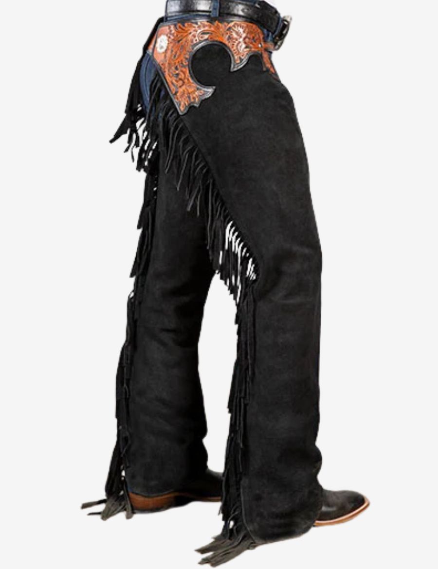 Back side profile of black suede western cowboy chaps showcasing layered fringe and hand-tooled leather craftsmanship.
