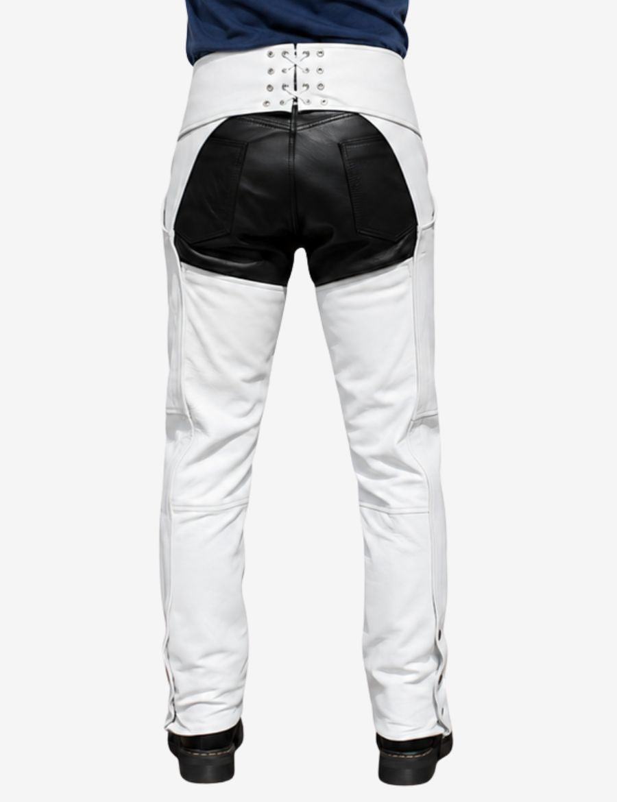 Back view of premium white leather assless motorcycle chaps with clean biker inspired construction.