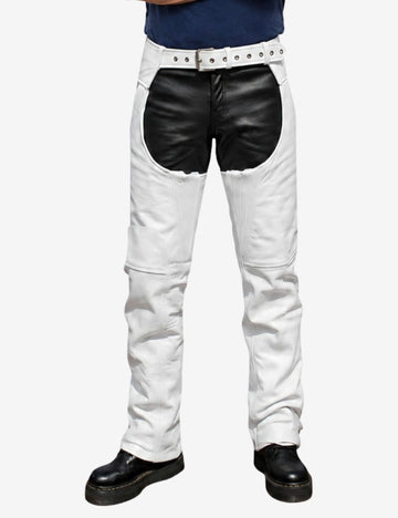 Front view of premium white leather assless chaps designed for men’s biker and motorcycle riding style.