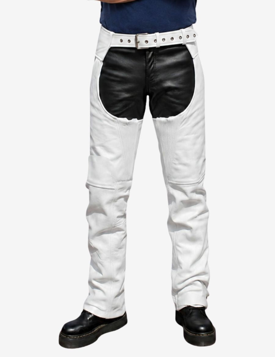 Front view of premium white leather assless chaps designed for men’s biker and motorcycle riding style.