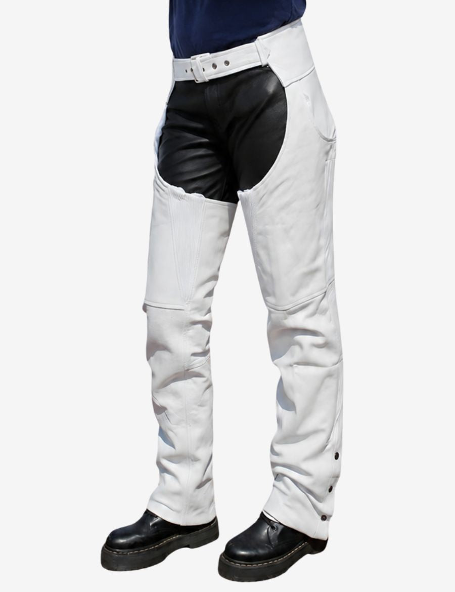 Side profile of premium white leather assless biker chaps featuring relaxed motorcycle riding fit.