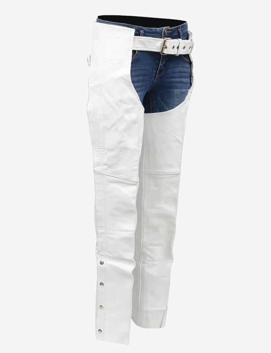 Rear angled view of premium white leather women’s motorcycle chaps highlighting waistband fit, stitching details, and full-length protective leather panels.