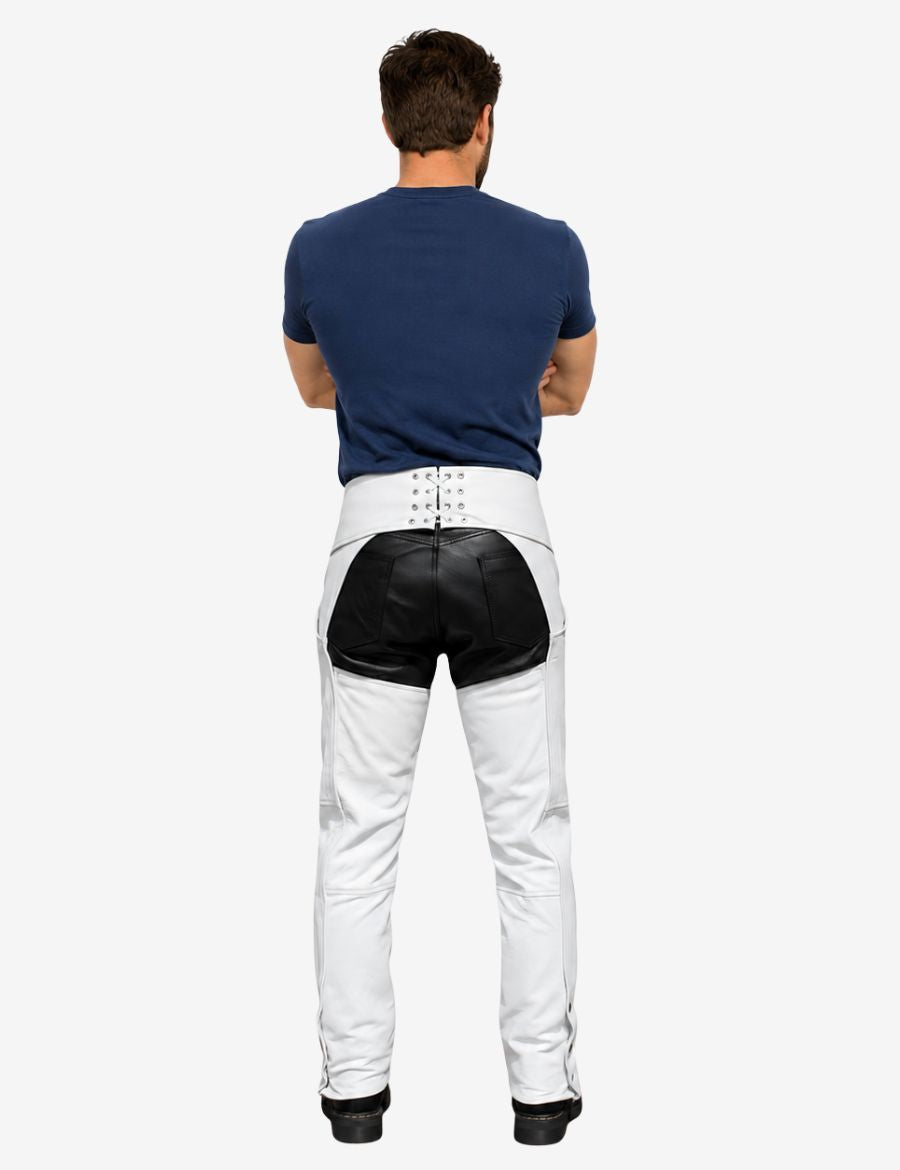 Back view of male model wearing premium white leather assless biker chaps with relaxed fit styling.