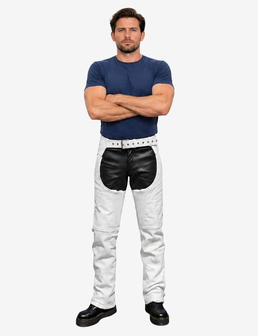 Front view of premium white leather assless chaps designed for men’s biker and motorcycle riding style.
