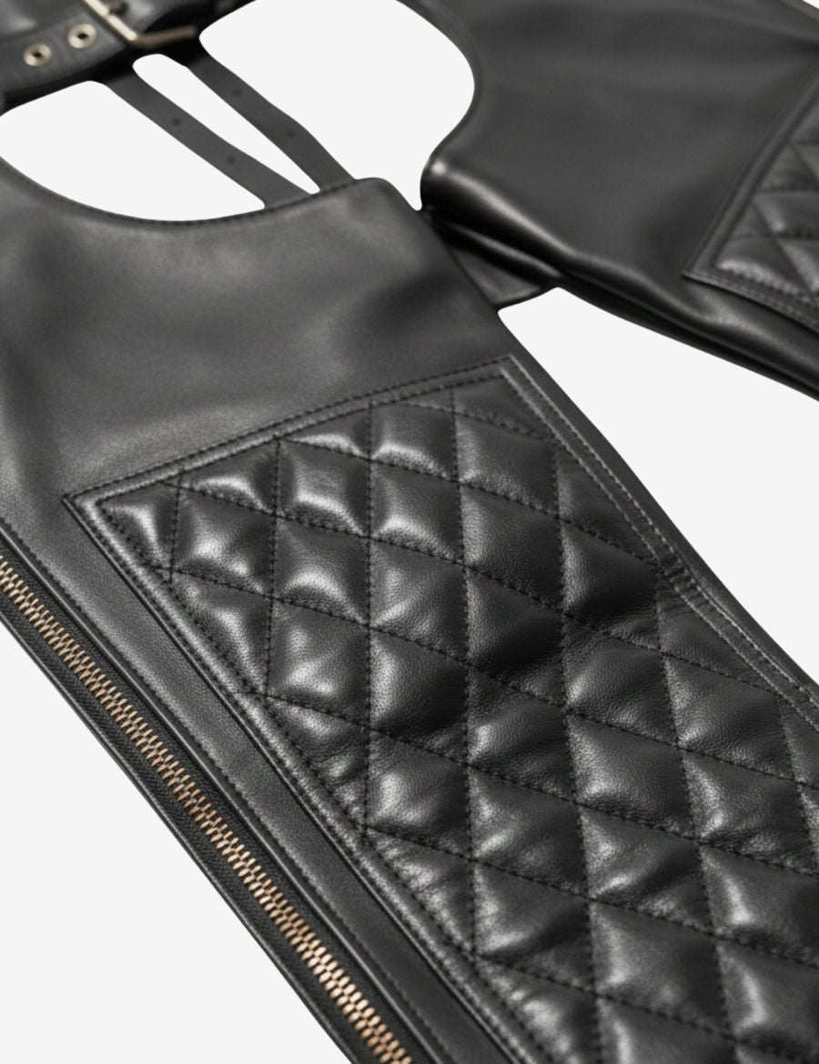 Detailed quilted diamond stitched leather panel with zipper trim on black biker assless chaps for men.